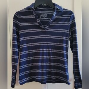 Charter Club Navy and Gray Striped Long Sleeve Top